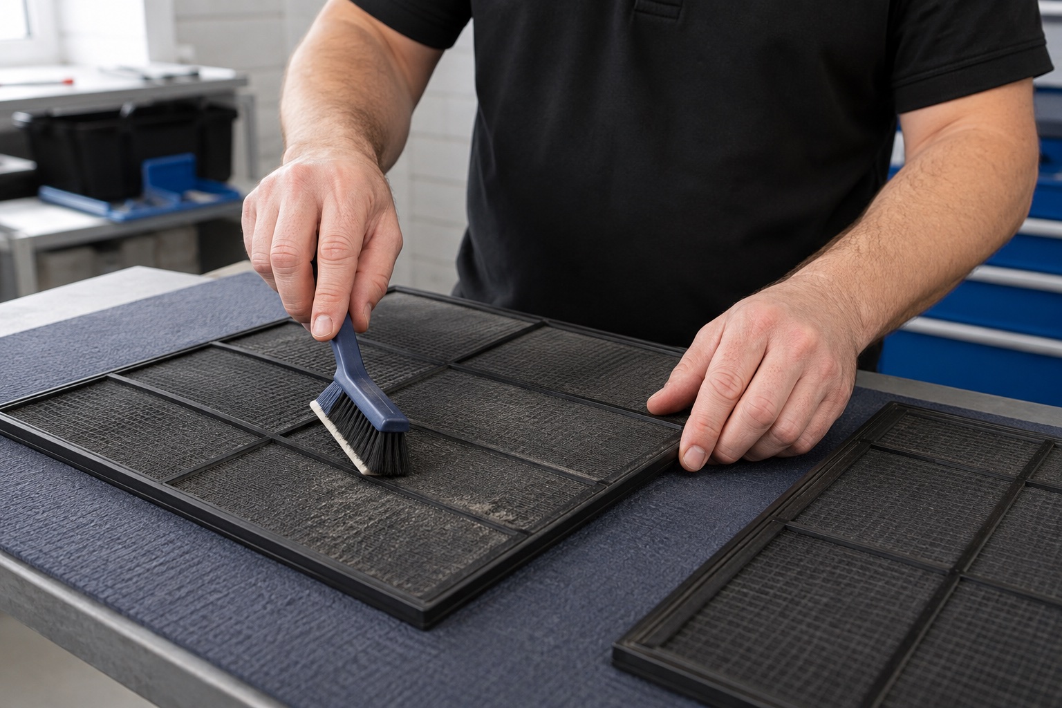 Technician cleaning a removed air-conditioning intake filter during planned maintenance