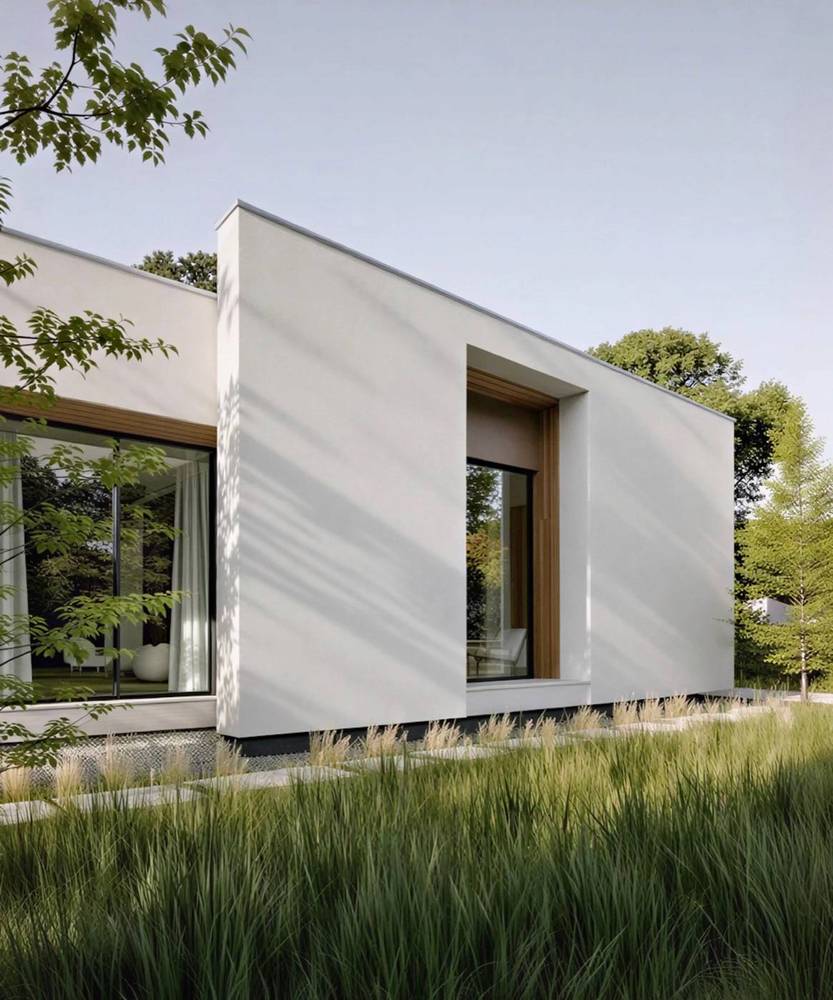 White minimalist house with a cut-out window