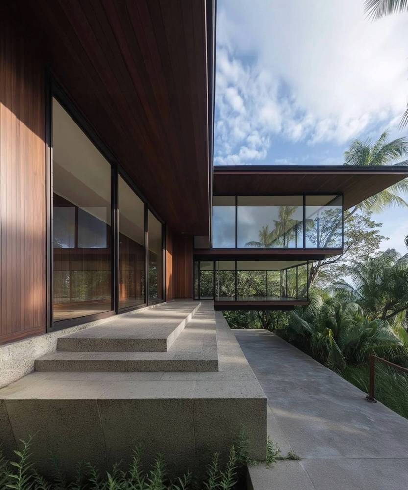 2001: timber and glass house entrance with concrete steps