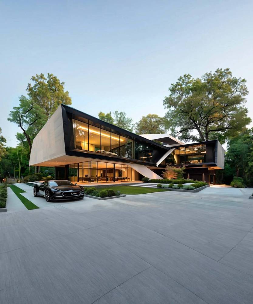 Angular black house with a curved carport