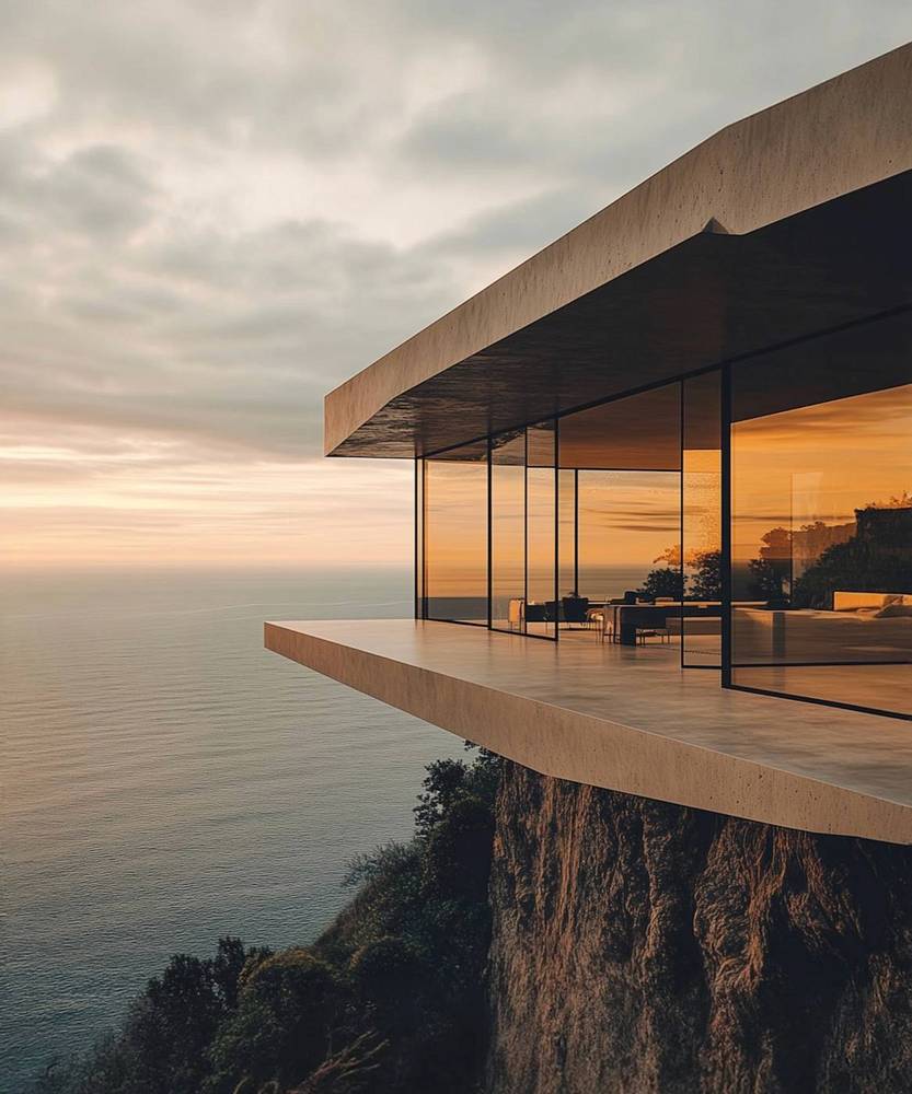 2025: glass house cantilevered over a cliff at sunset