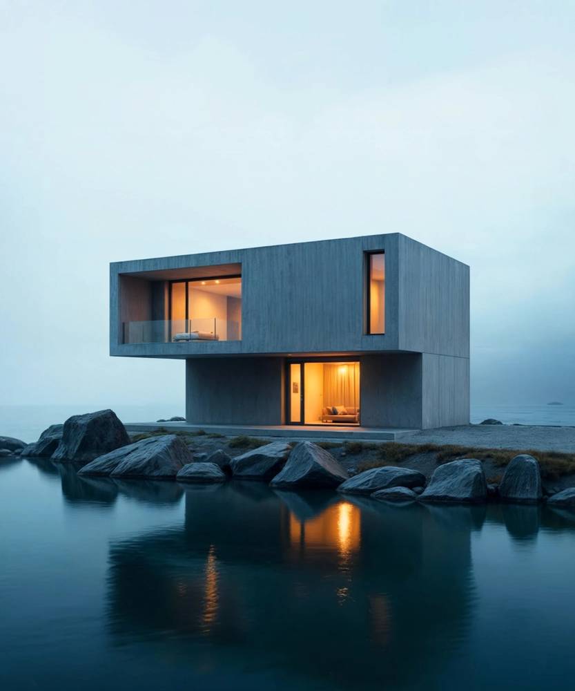 Concrete house on rocks by the sea at twilight