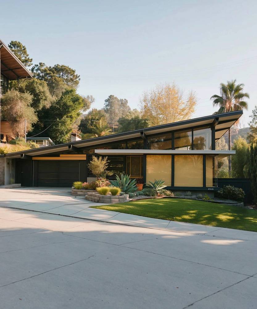 Mid-century home with a cantilevered roof and palm trees