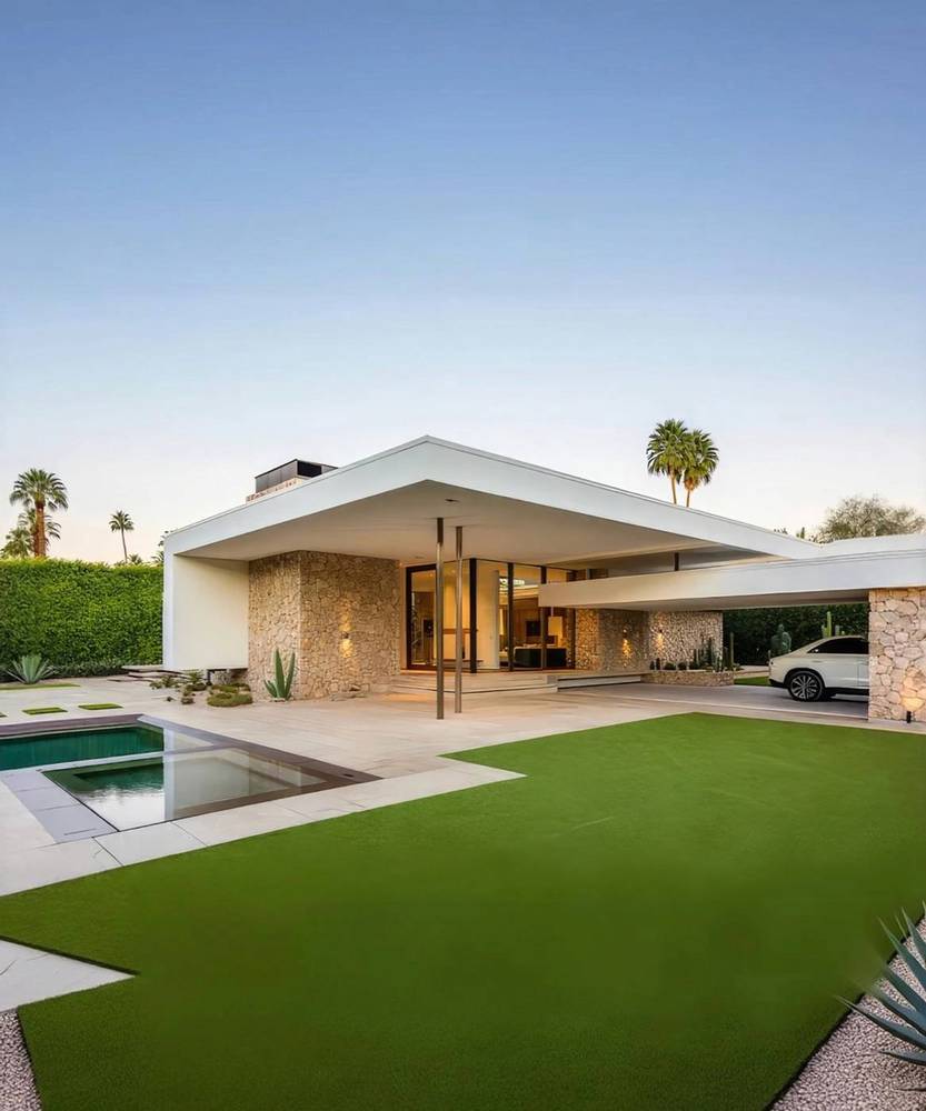 2018: single-storey modern house with a lawn and pool