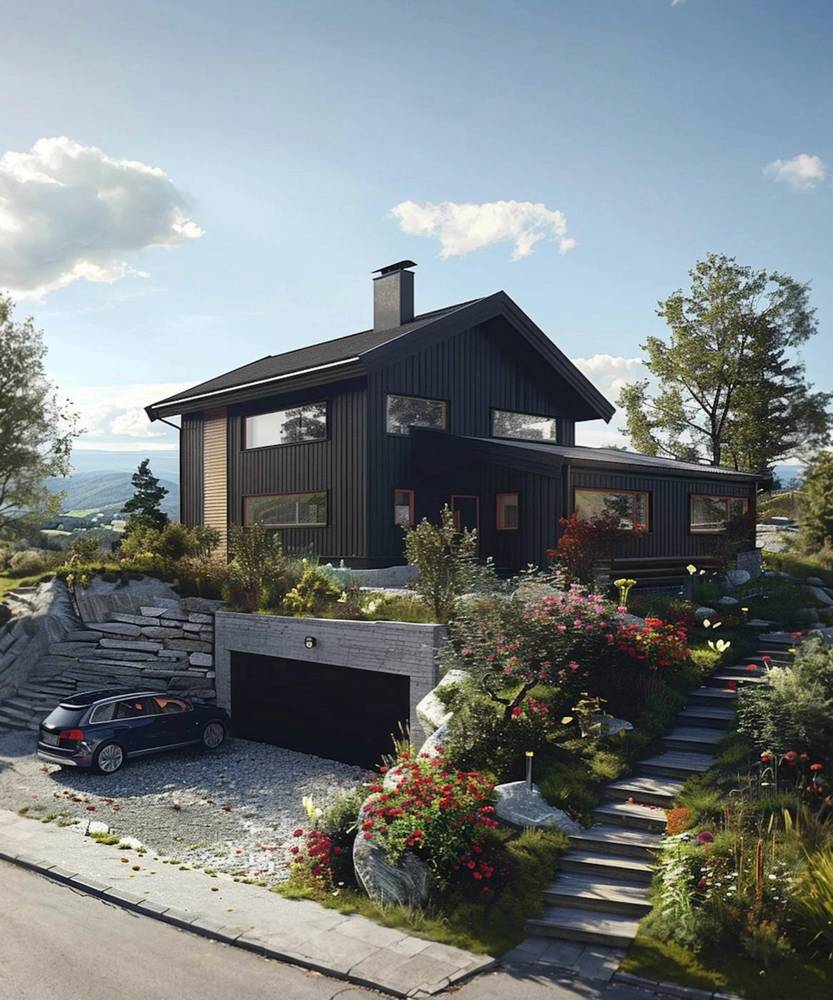 Dark timber-clad house with a garage and garden steps