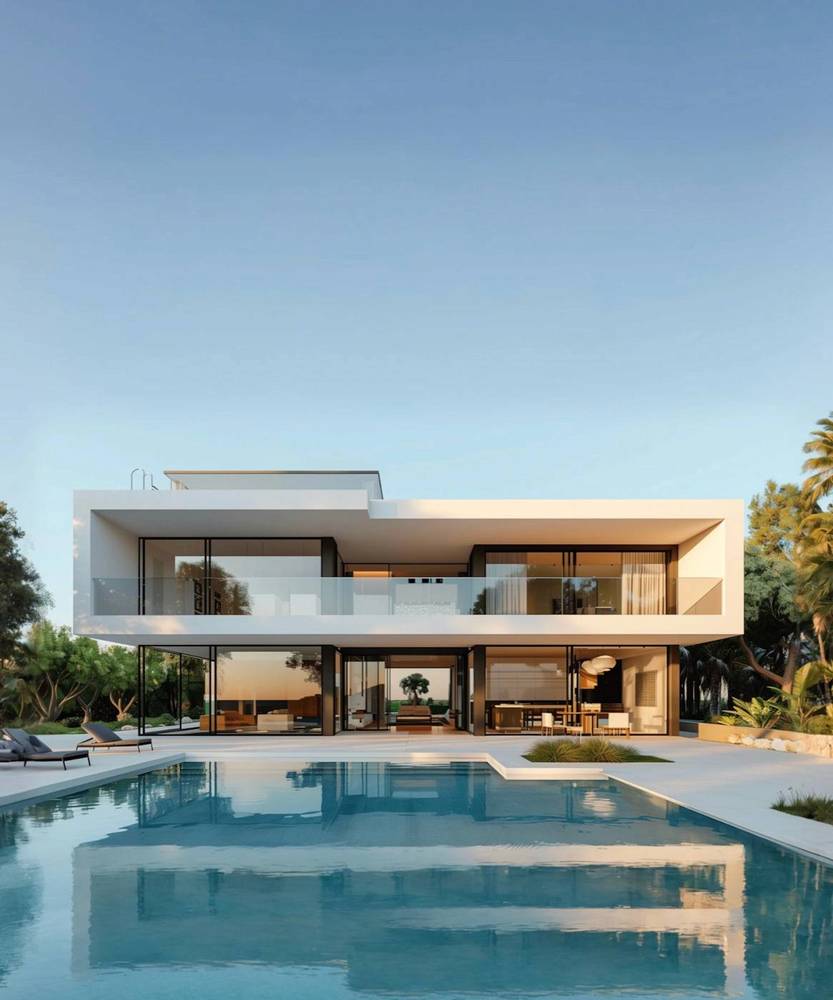 Modern white villa with an infinity pool at dusk