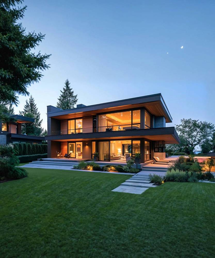 Timber and glass house at dusk with a lit interior