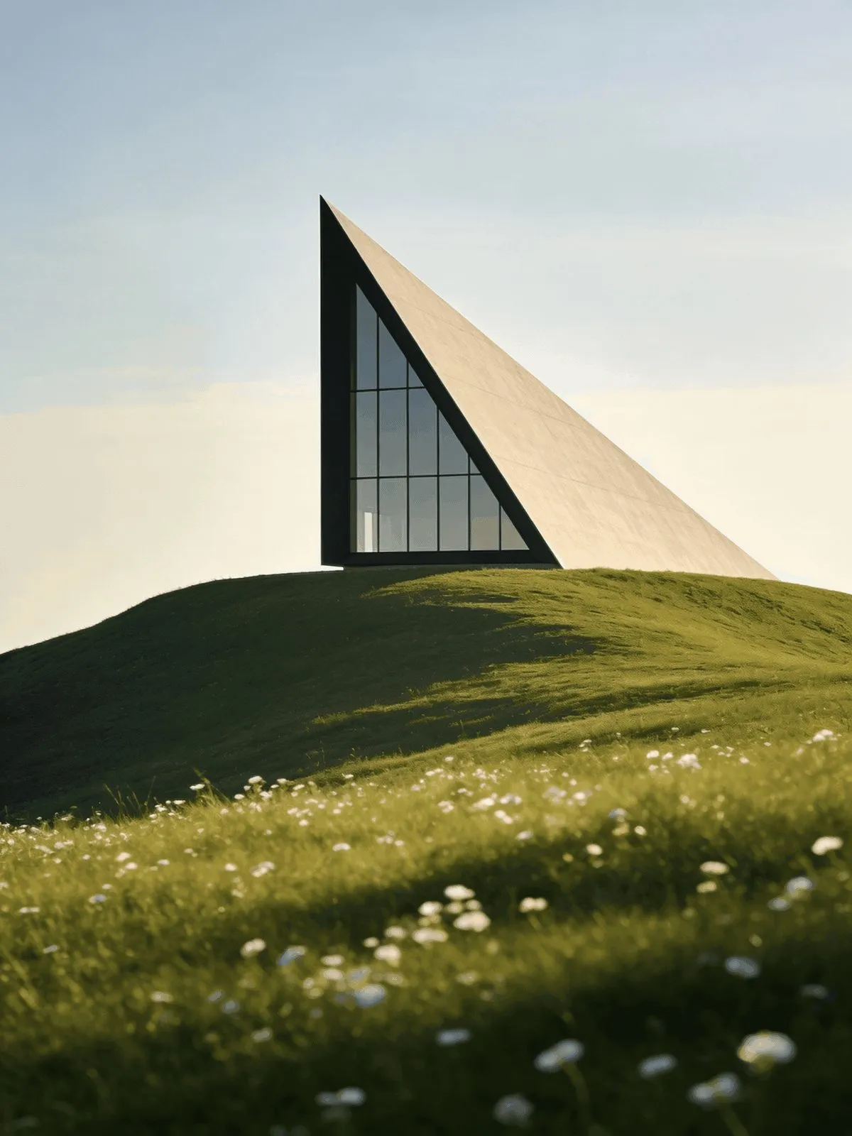 Glass pyramid on a grassy hill
