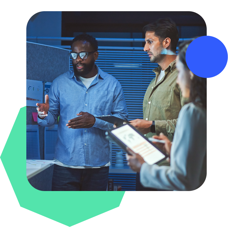 A partner and client team reviewing AI research findings together