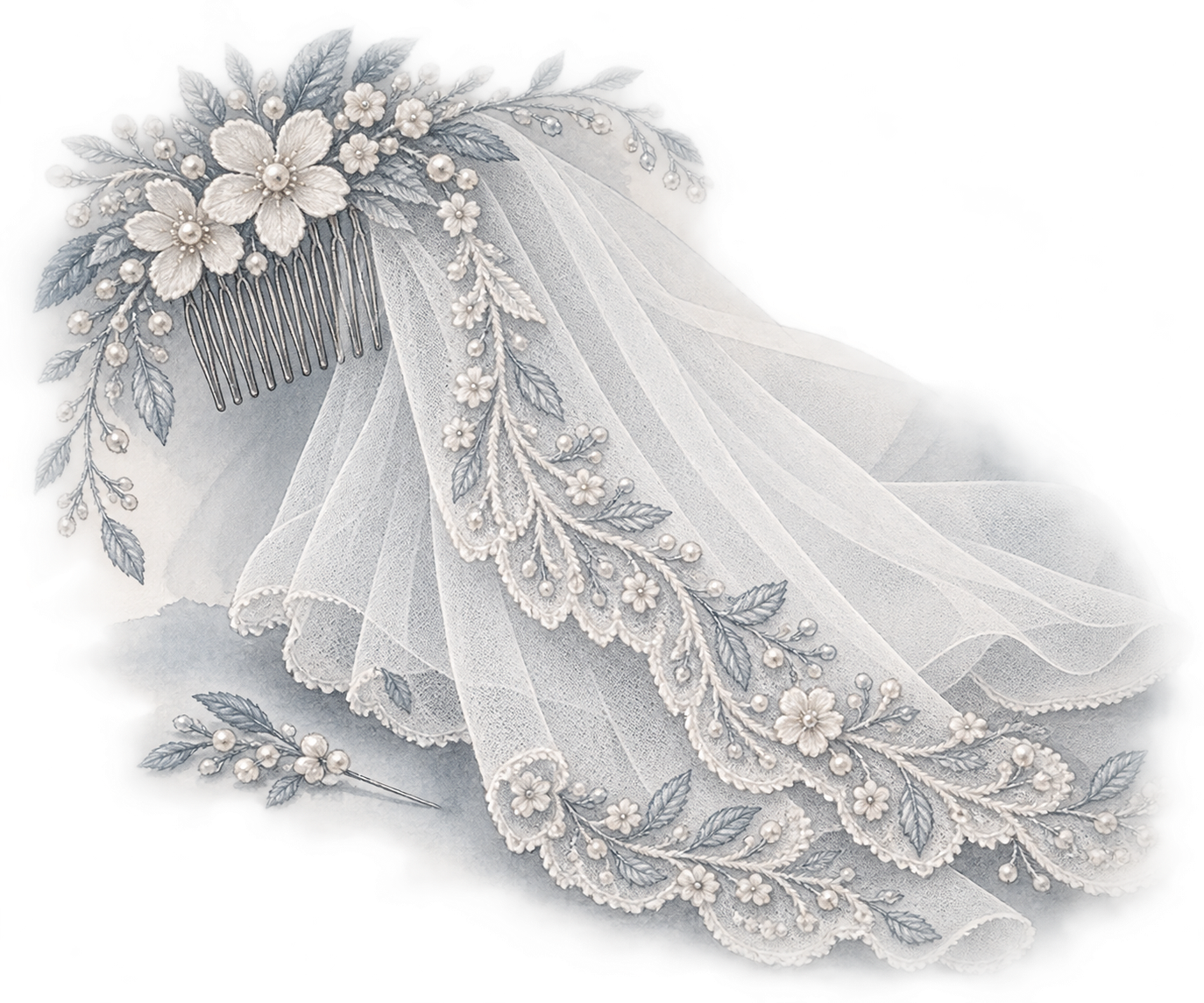 Delicate bridal veil illustration flowing from a floral comb with botanical embroidered edging.