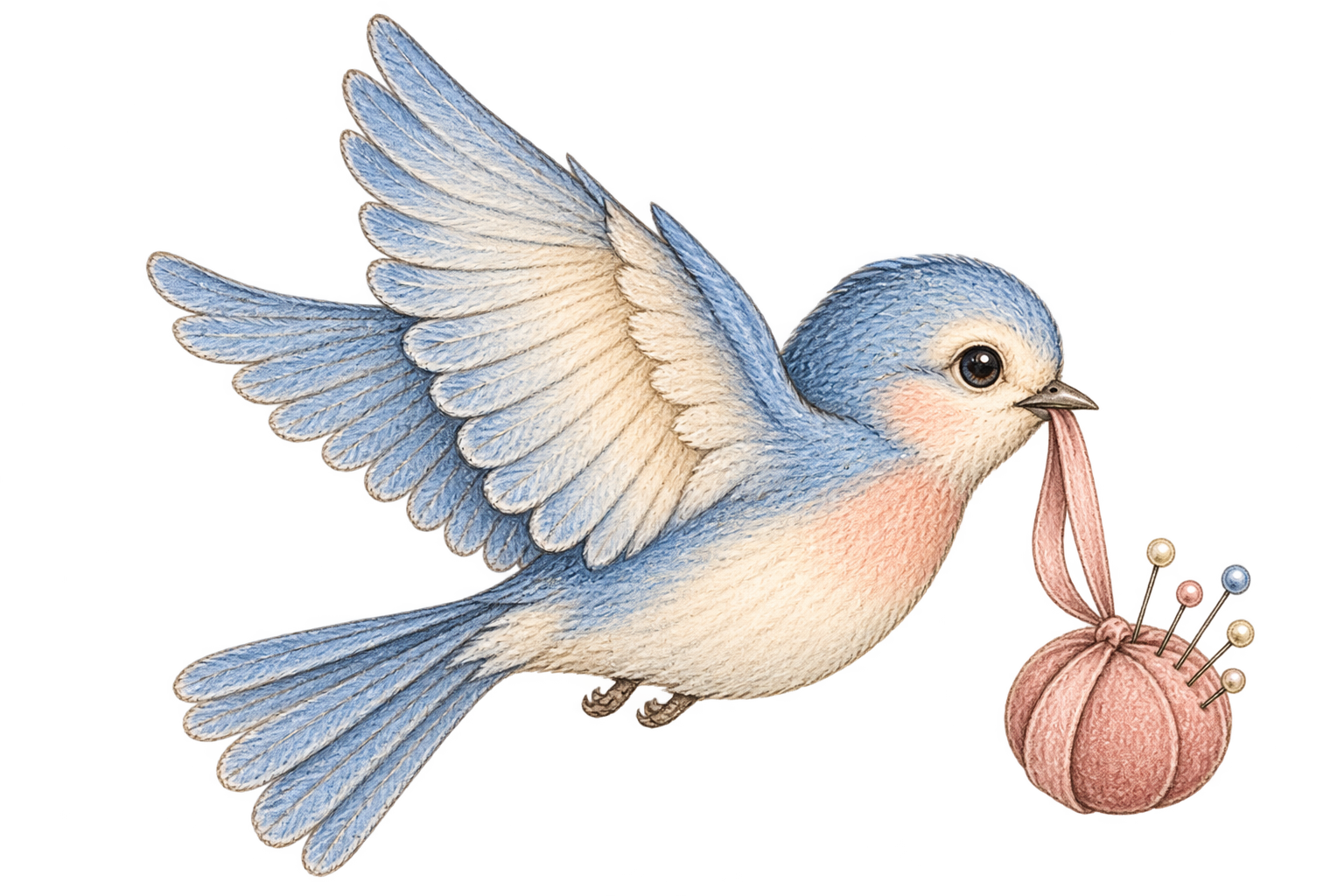 Storybook bluebird flying with a blush pincushion.