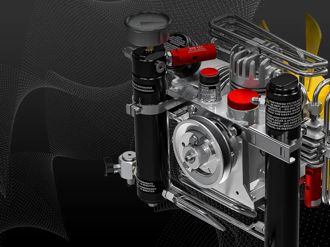 COLTRI portable breathing-air compressor, close view of the pump and filters