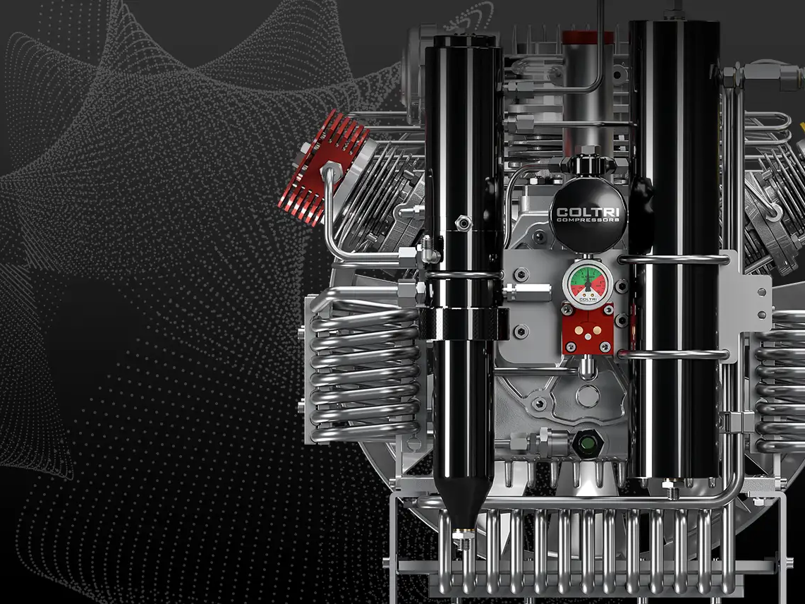 COLTRI Prime line TPS compressor, front view of the pump and twin filters