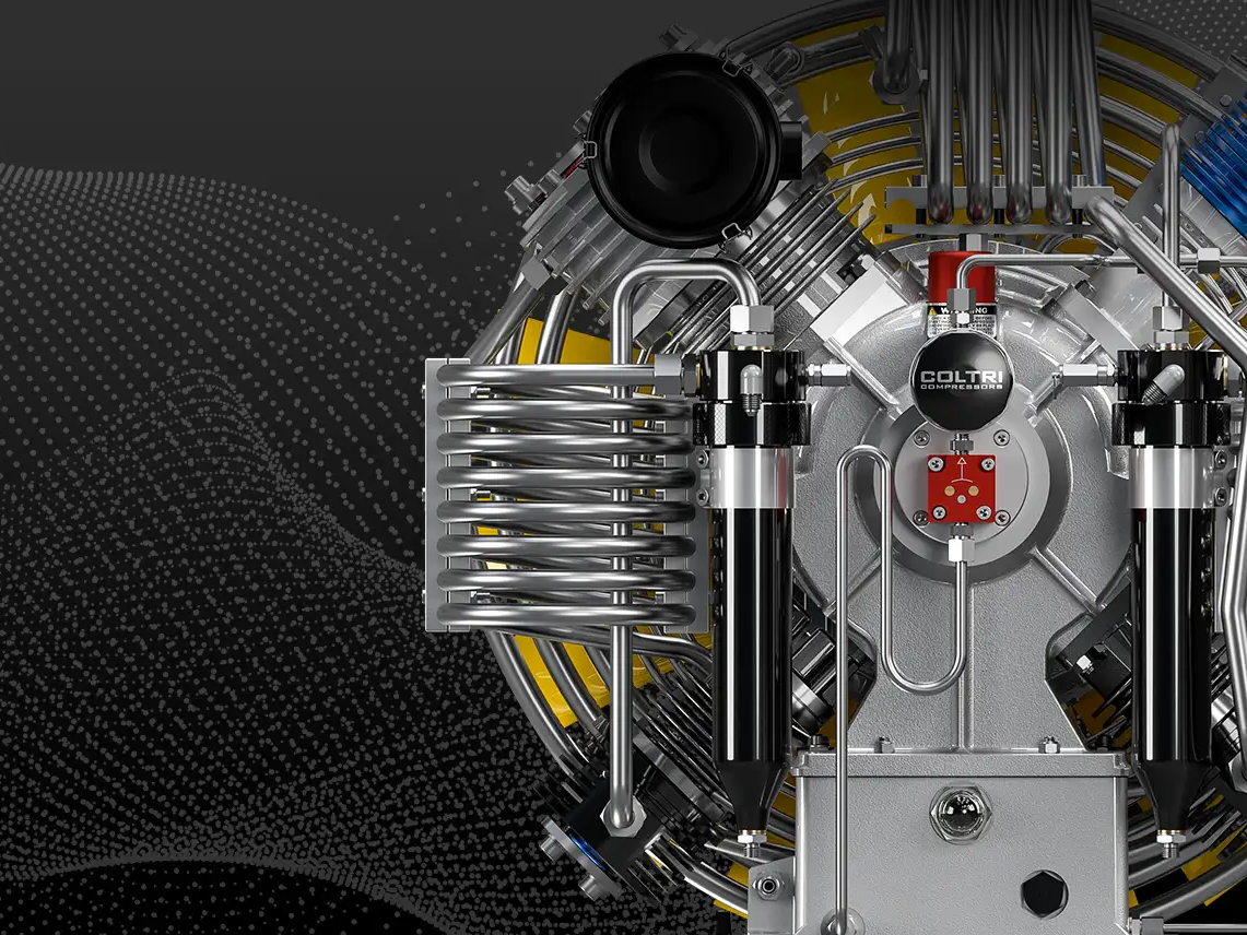 COLTRI Heavy Duty line compressor, front view of the pump, filters and cooling coil