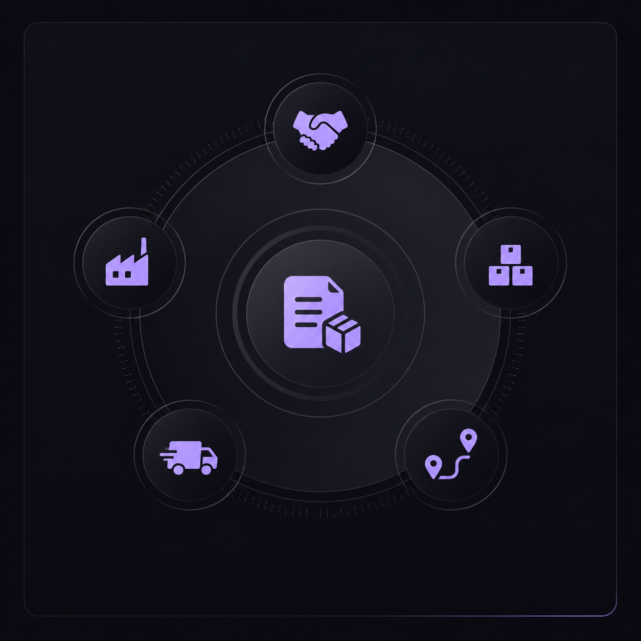 Purple document and parcel illustration connected to suppliers, production, inventory and delivery.