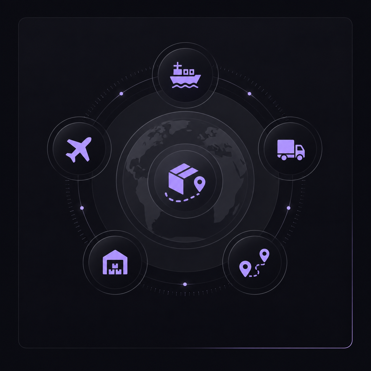 Purple global supply chain illustration with parcel tracking, shipping, air freight, delivery and warehousing.