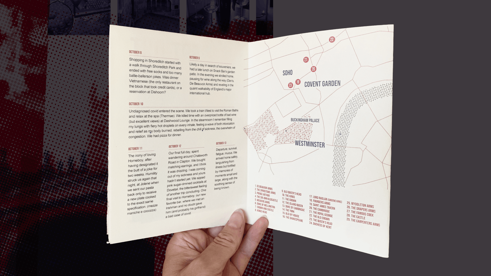 Hand holding an open brochure showing a map of London neighborhoods Soho, Covent Garden, Westminster, and landmarks like Buckingham Palace, with a numbered list of places below. The left page contains diary-style text entries dated October 8 to October 13, describing daily activities and experiences.
