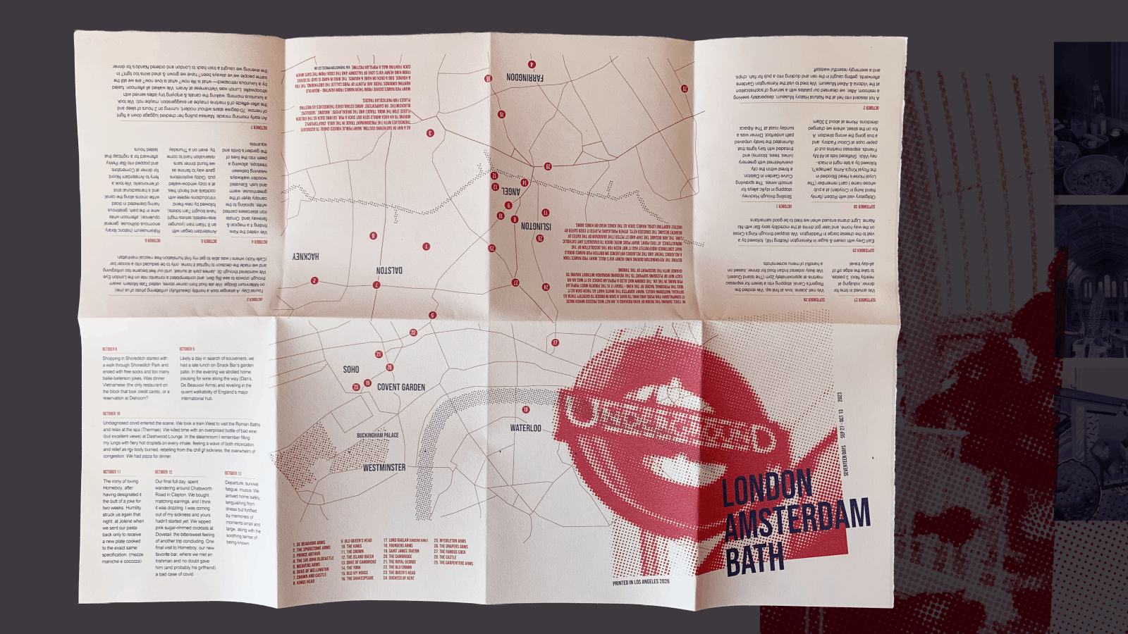 Folded travel map with highlighted areas including London, Amsterdam, and Bath, marked with numbered points of interest and brief diary entries from October 8 to October 13 describing daily experiences and locations like Soho, Covent Garden, and Westminster, with a prominent red stamp reading 'UNRELEASED' over the map.
