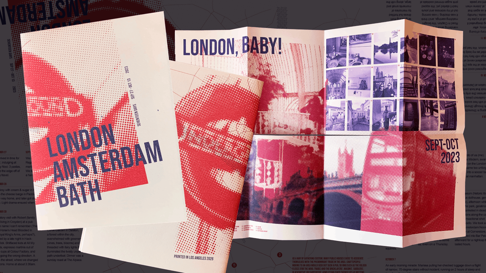 A tri-fold booklet laid open with bold red and purple halftone graphics including a London double-decker bus, a bridge, and cityscapes. Cover text reads 'LONDON AMSTERDAM BATH' and inside text says 'LONDON, BABY!' with dates 'SEPT-OCT 2023'. The design features a grid of small photos showing city scenes, food, and people.