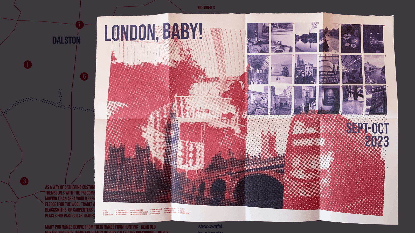 Poster titled 'London, Baby!' featuring a stylized red and dark blue graphic of London's landmarks including the Tower Bridge and Big Ben, with a collage of numbered small photos to the right showing various scenes and objects from London, and text indicating the event dates as September to October 2023.