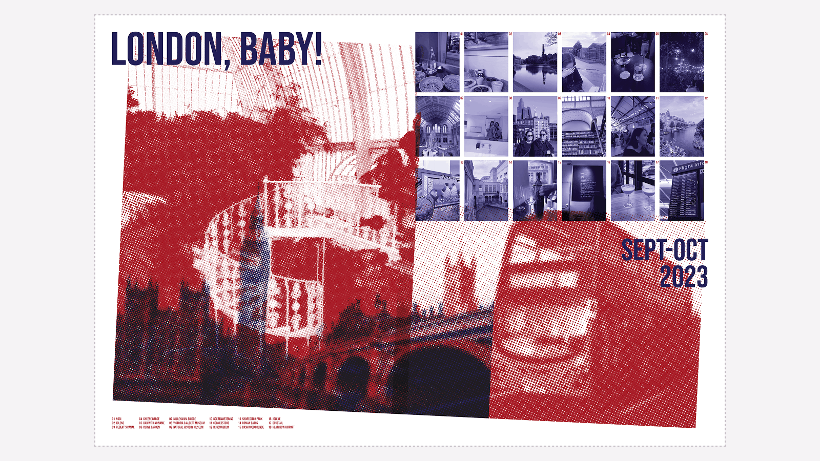 Collage-style graphic titled 'LONDON, BABY!' with multiple small photos of London landmarks and activities arranged at the top right, including food, parks, museums, and city views, dated Sept-Oct 2023. The background features stylized red and blue halftone images of iconic London sights, including the London Eye and Tower Bridge.
