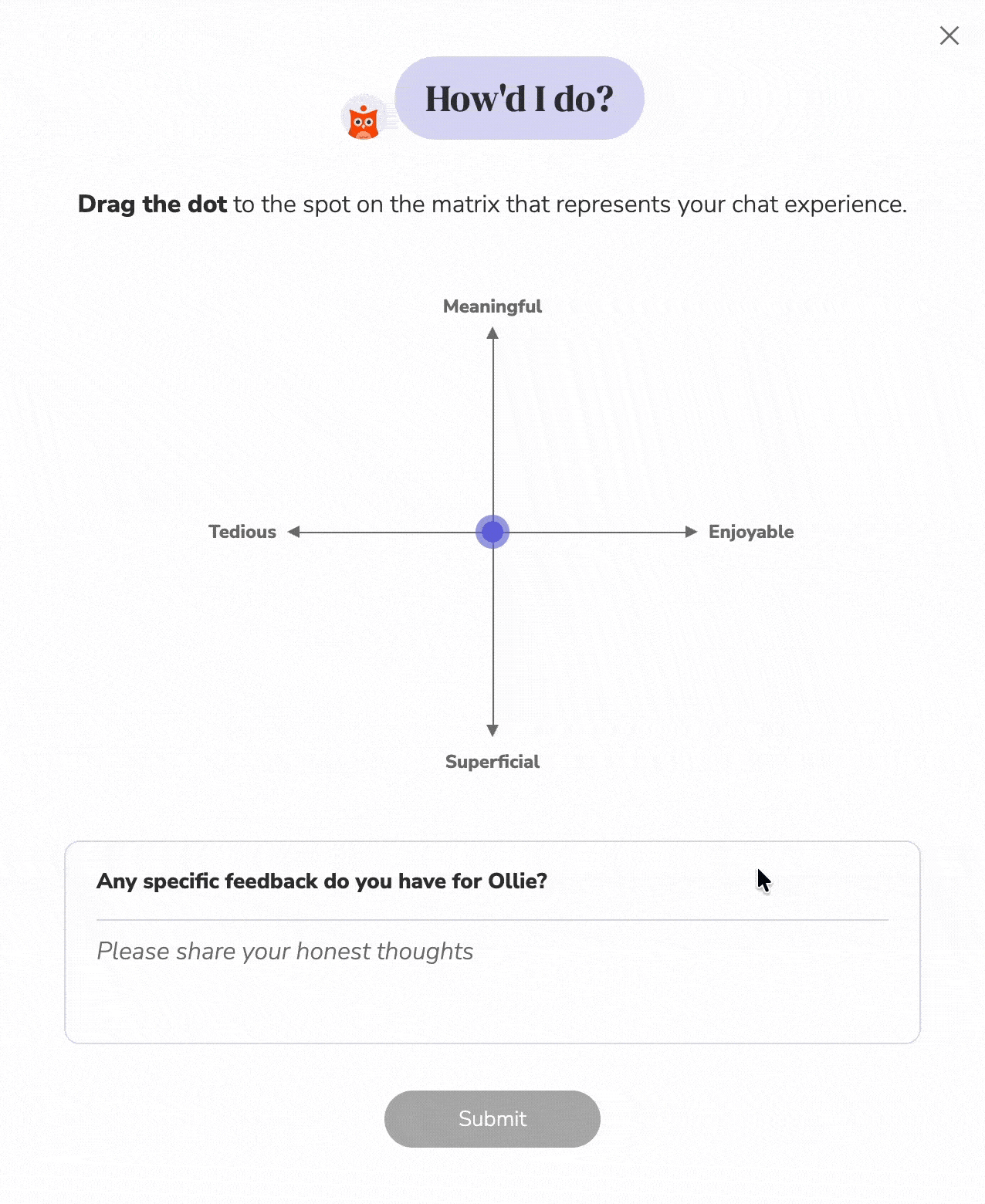 Interactive feedback form titled 'How'd I do?' with instructions to drag a dot on a matrix representing chat experience. The matrix axes are Meaningful to Superficial (vertical) and Tedious to Enjoyable (horizontal). Below the matrix is a text box asking for specific feedback with the prompt 'Please share your honest thoughts' and a Submit button underneath.