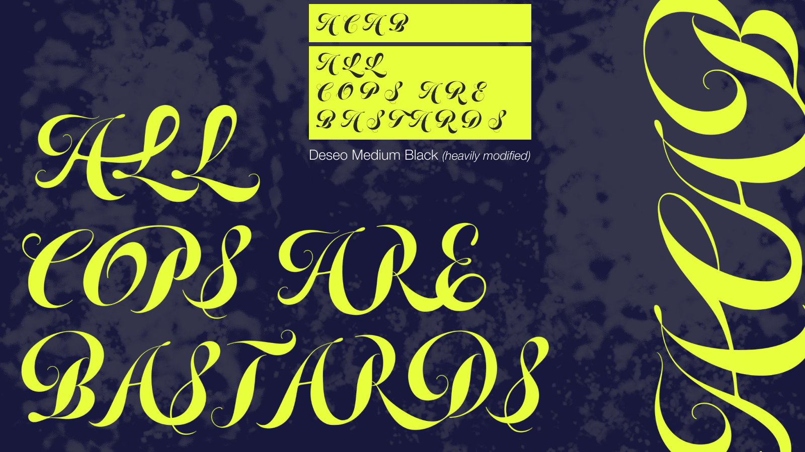 Text samples in bright yellow cursive font on a dark textured background, showing the phrase 'ACAB' and 'ALL COPS ARE BASTARDS' in various sizes, with a small label reading 'Deseo Medium Black (heavily modified)'.