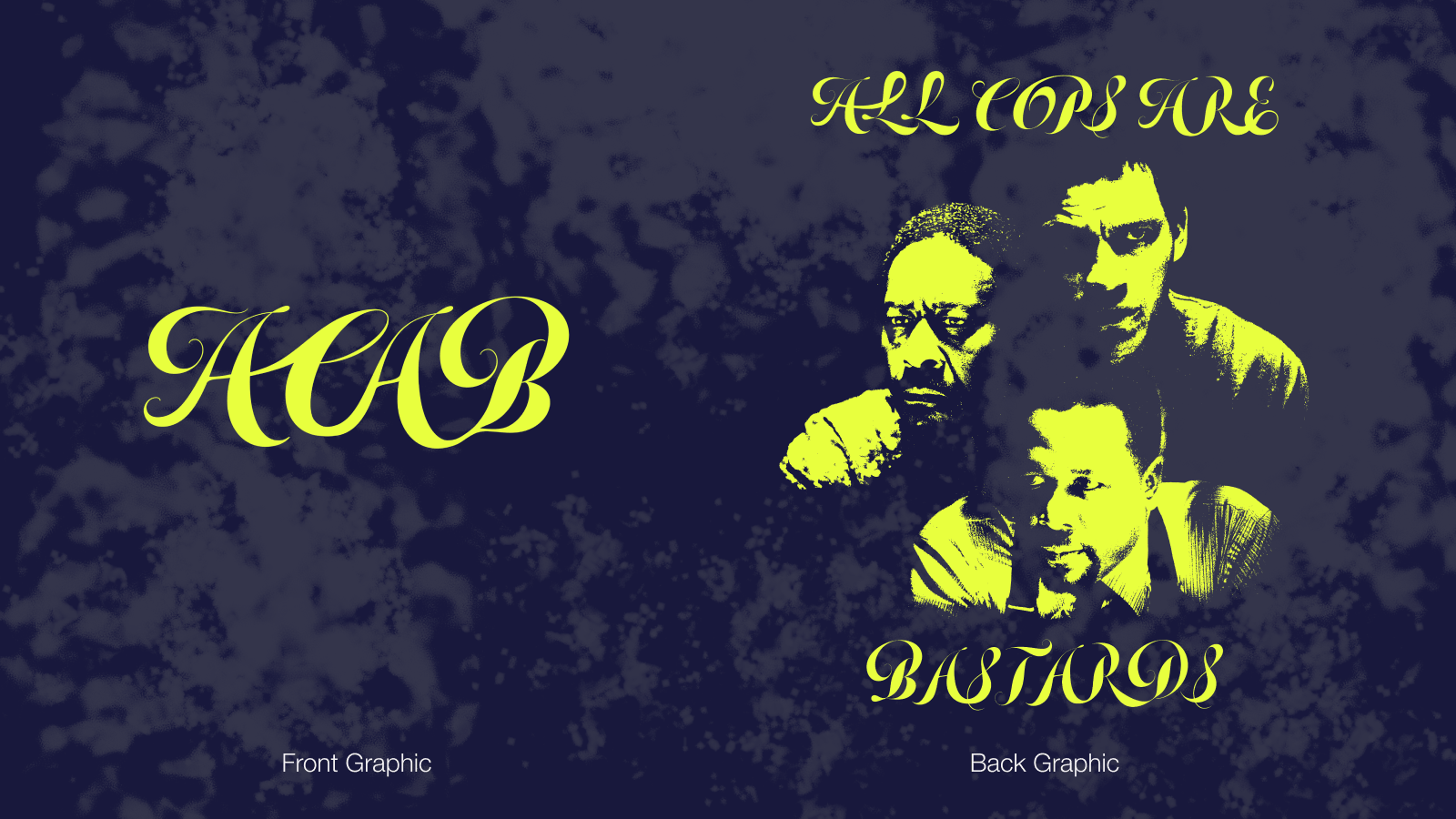 Design with the text 'ACAB' in large yellow gothic font on the left labeled 'Front Graphic,' and on the right, three men's faces in yellow with the text 'ALL COPS ARE BASTARDS' above and below them, labeled 'Back Graphic,' on a dark textured background.