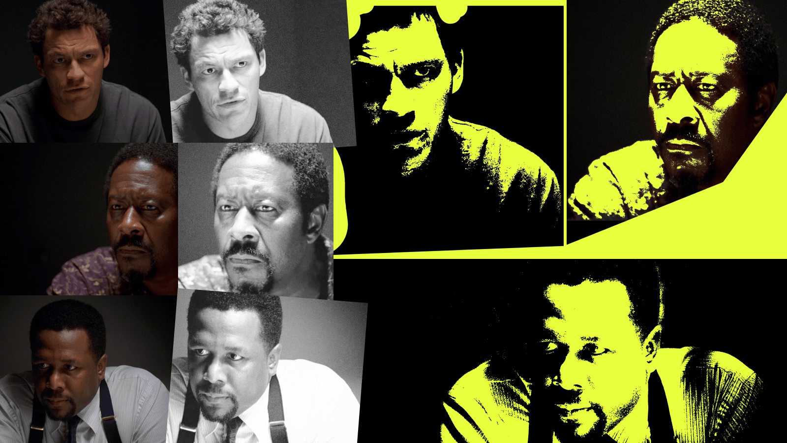Collage of portraits featuring two men, each shown in color, black and white, and high-contrast yellow monochrome styles, arranged side by side on a black background with yellow accents.