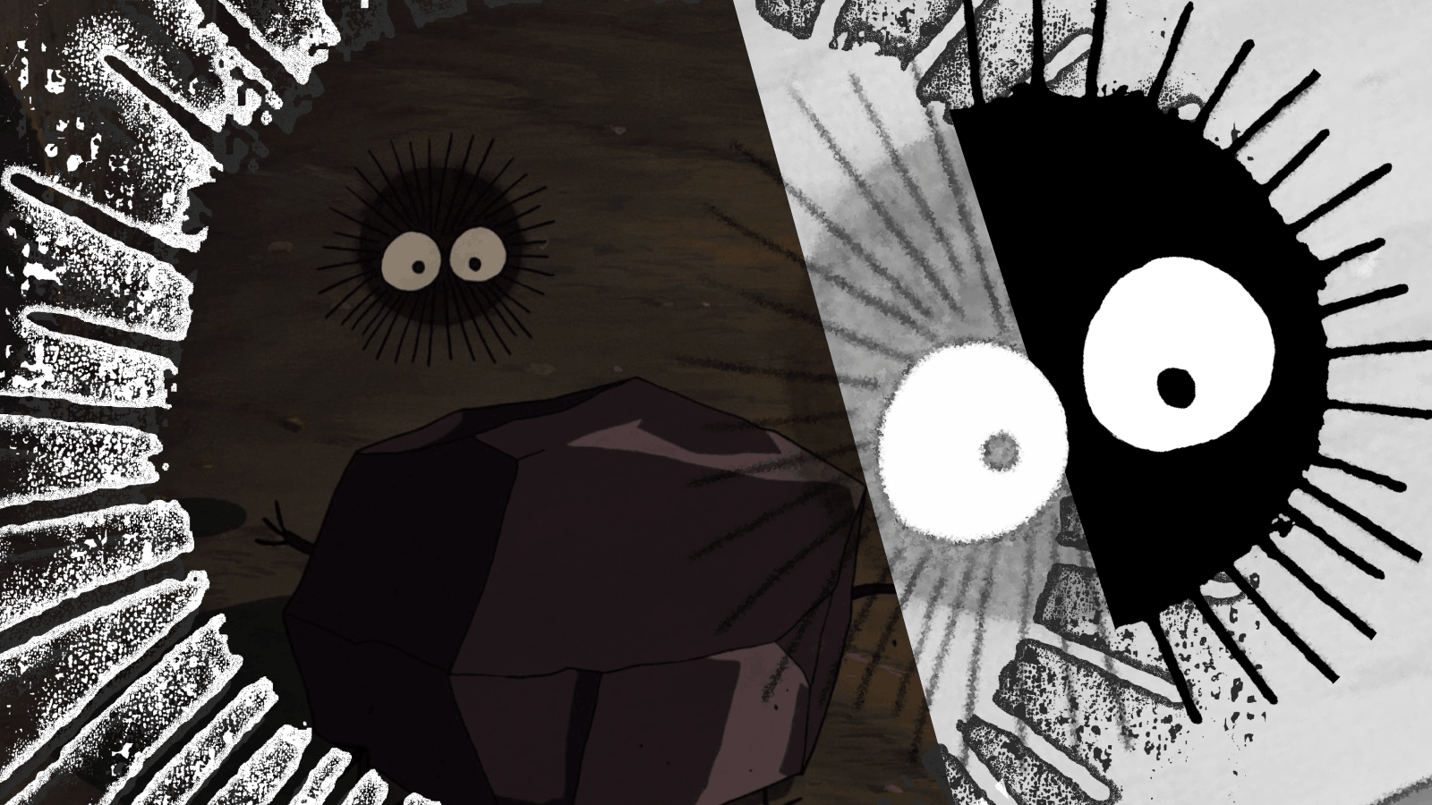Dark, spiky soot sprites with big round eyes surrounding a large black rock on a wooden floor, with one sprite partly overlaid by a bright white spotlight.