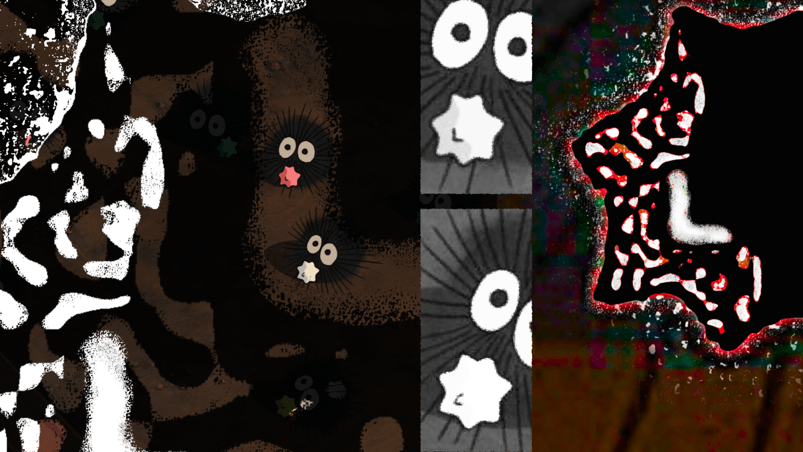 Collage of stylized soot sprites with large eyes holding star-shaped objects on a dark background divided into three vertical sections, showing varying artistic effects and colors.