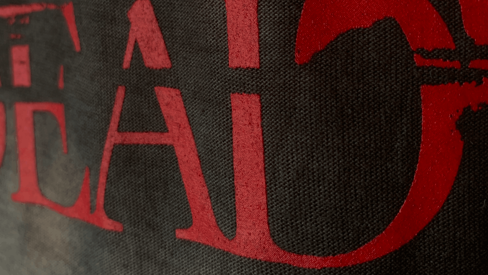 Close-up view of red capital letters printed on black textured fabric, focusing on letters 'E A I'.
