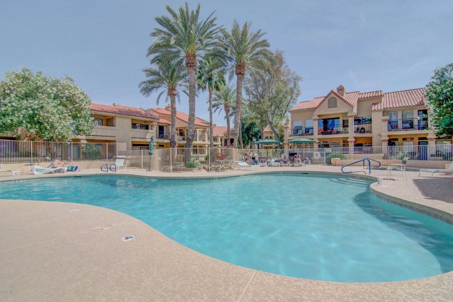 A heated community pool bordered by palm trees and lounge seating.