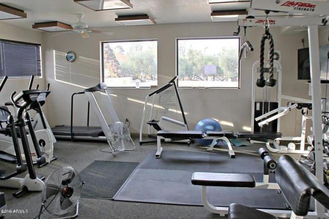 Fitness room with cardio machines, weights and an exercise ball beside large windows.