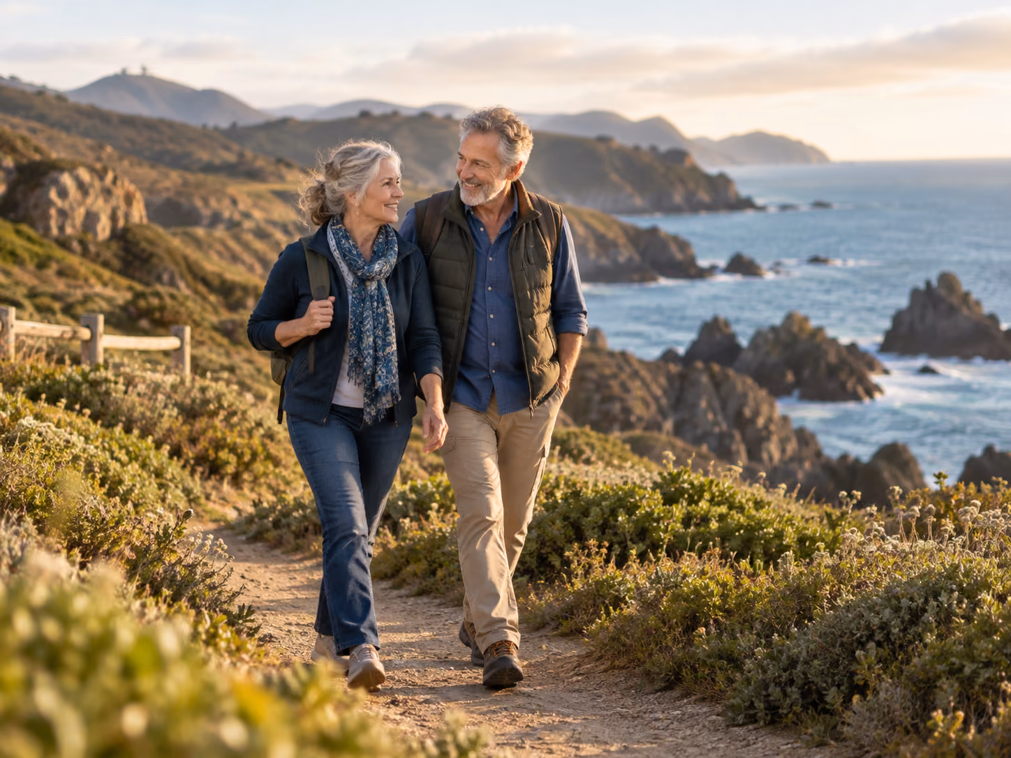 Older couple walking together on a scenic coastal path in warm daylight.