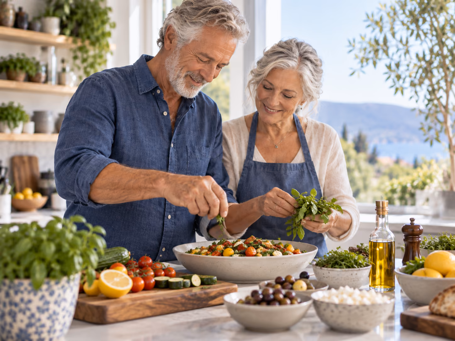 Older couple preparing a fresh Mediterranean-style meal together in a bright kitchen.
