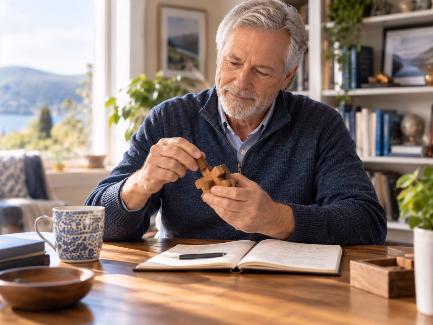 Older man working on a wooden puzzle beside an open notebook in a bright home study.