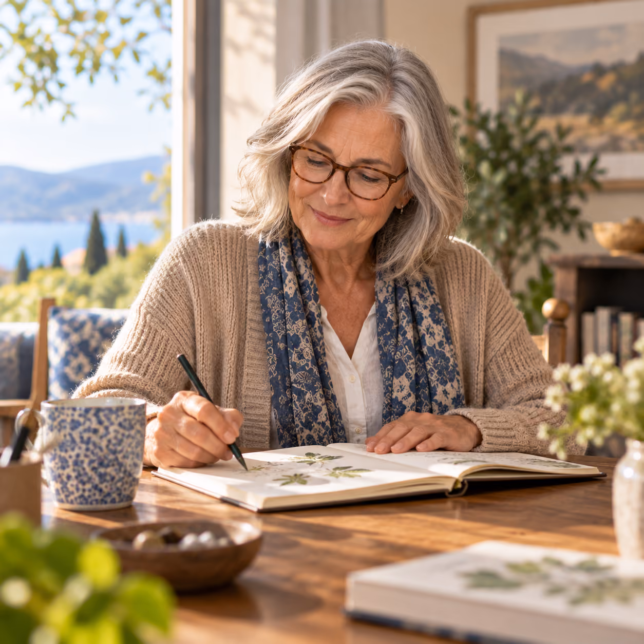 Older woman sketching botanical studies in a notebook at home.