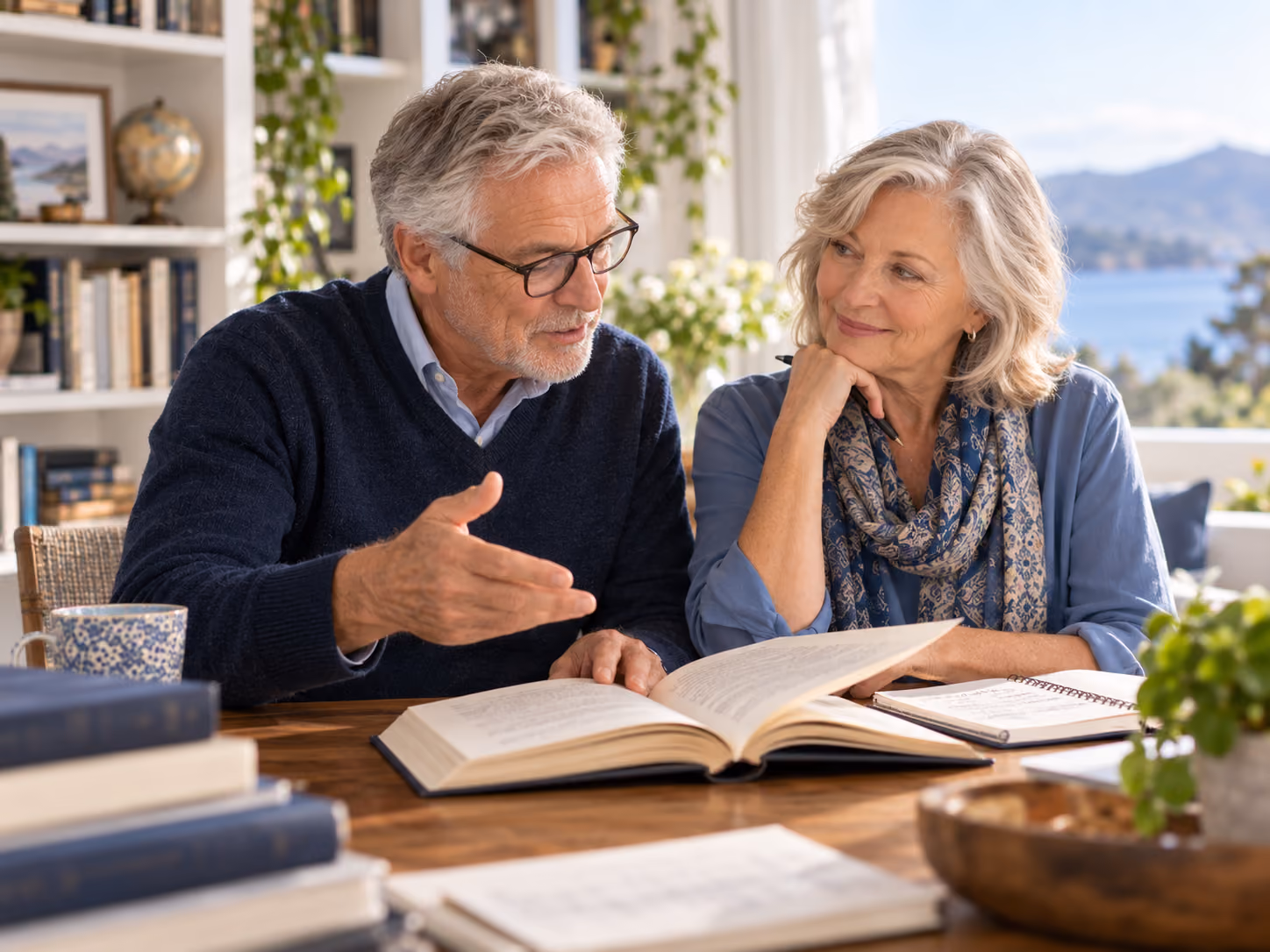 Older couple discussing a book and notes together in a bright home study.