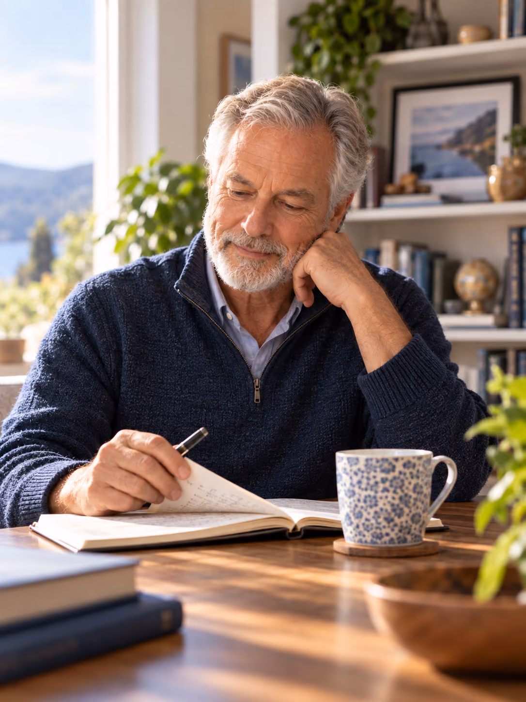 Older man reviewing notes in a calm home study.