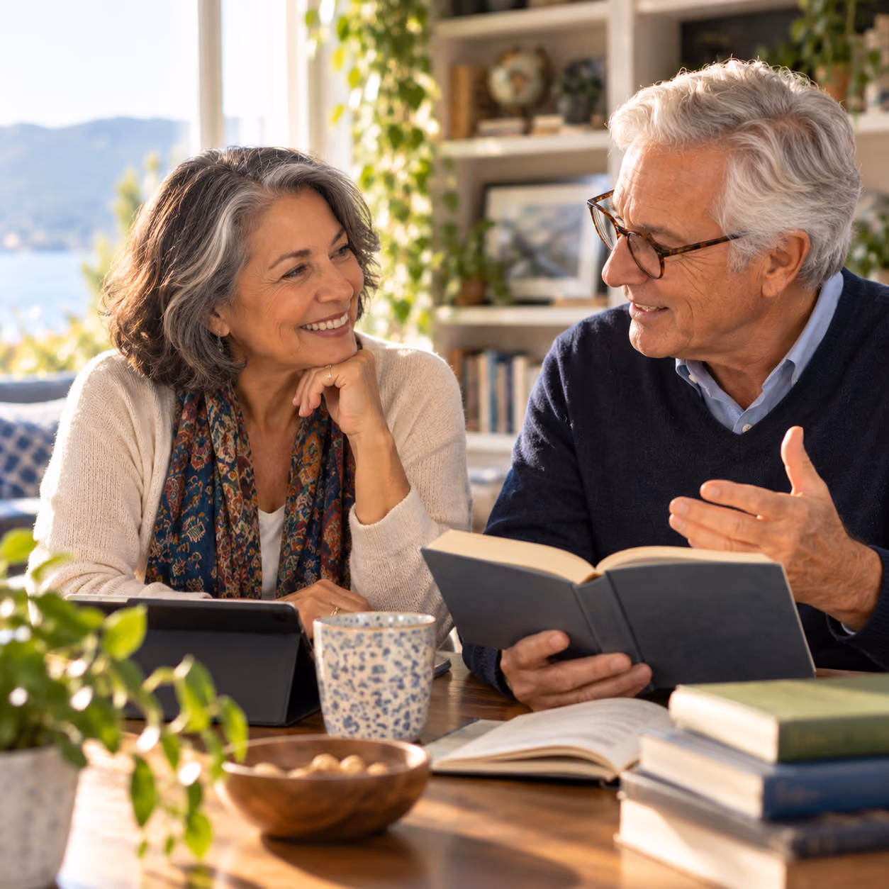 Two older adults sharing a book and conversation at a table.