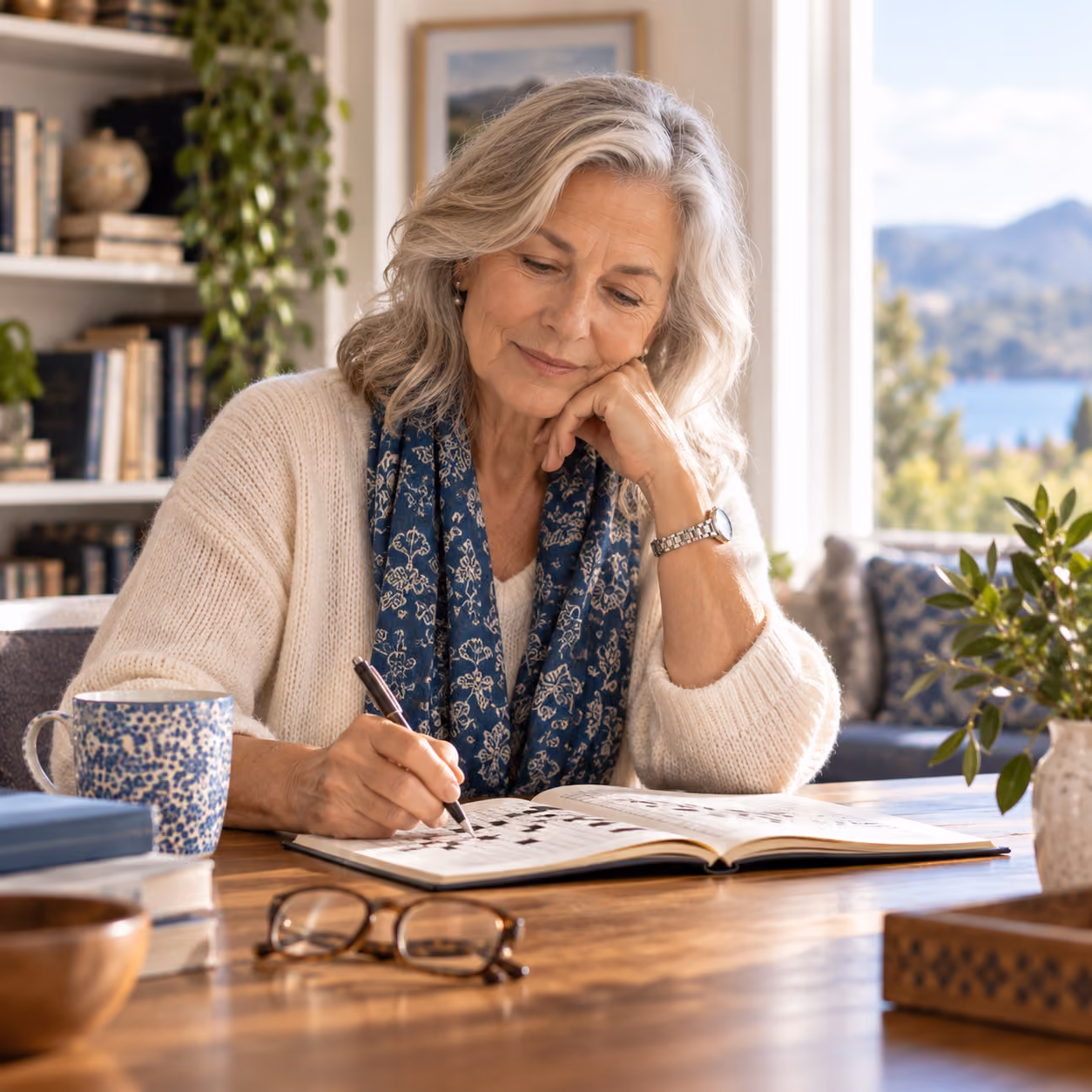 Older woman working on a word puzzle at a sunlit table.