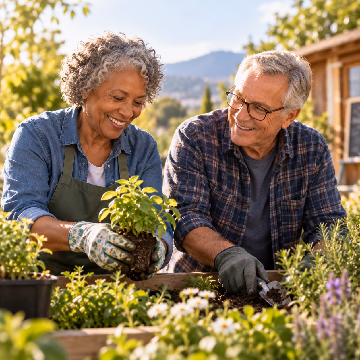 Two older adults gardening together in warm daylight.