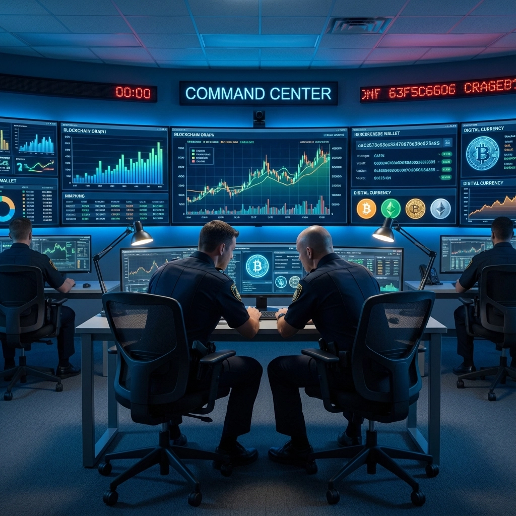 Secure operations center dashboard showing crypto wallet analysis and deconfliction alert