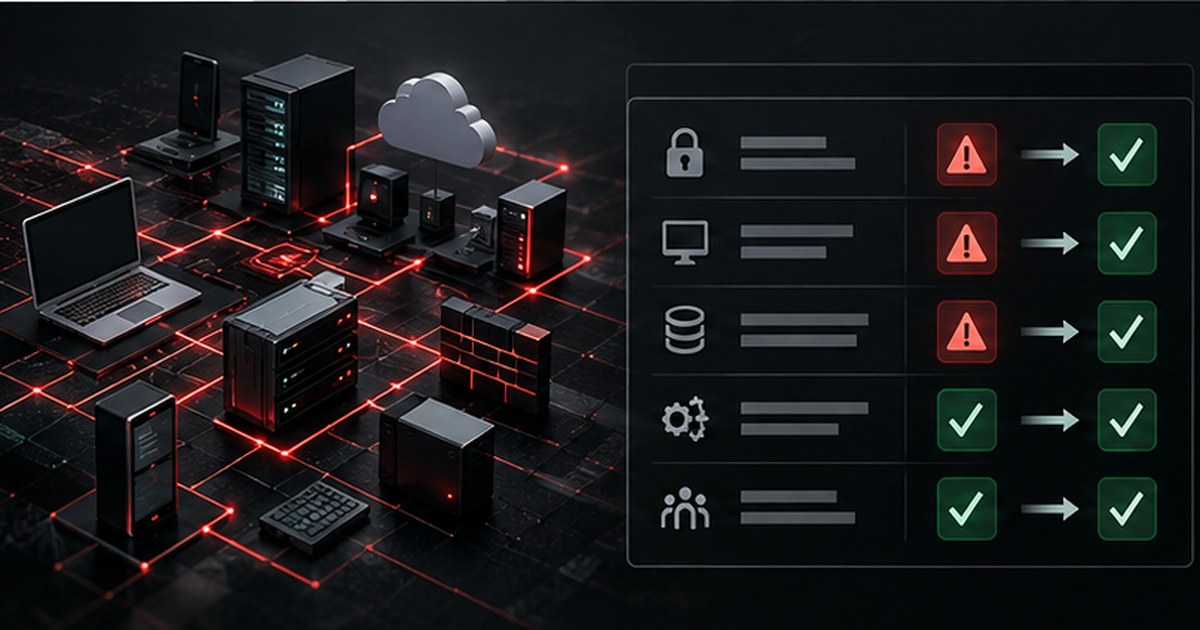 Abstract enterprise technology estate mapped against security controls, with several gaps highlighted for remediation.
