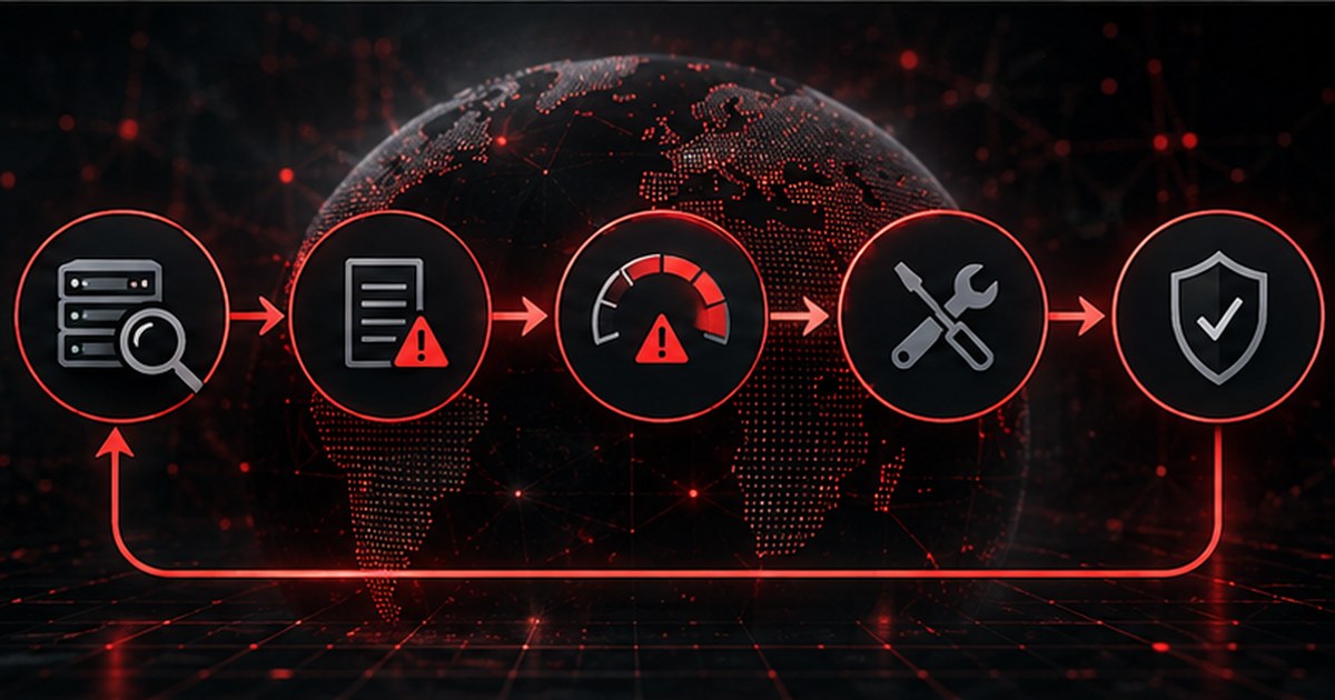 Abstract vulnerability management lifecycle showing discovery, assessment, prioritisation, remediation and validation across a connected estate.