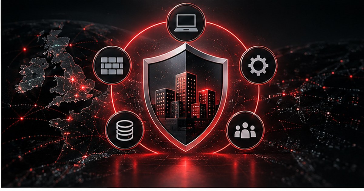 Abstract Cyber Essentials security shield protecting a connected enterprise estate, surrounded by symbols for the technical control areas.