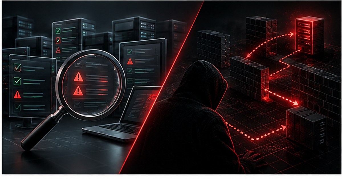Split cybersecurity illustration with vulnerability scanning on the left and focused penetration testing against segmented infrastructure on the right.
