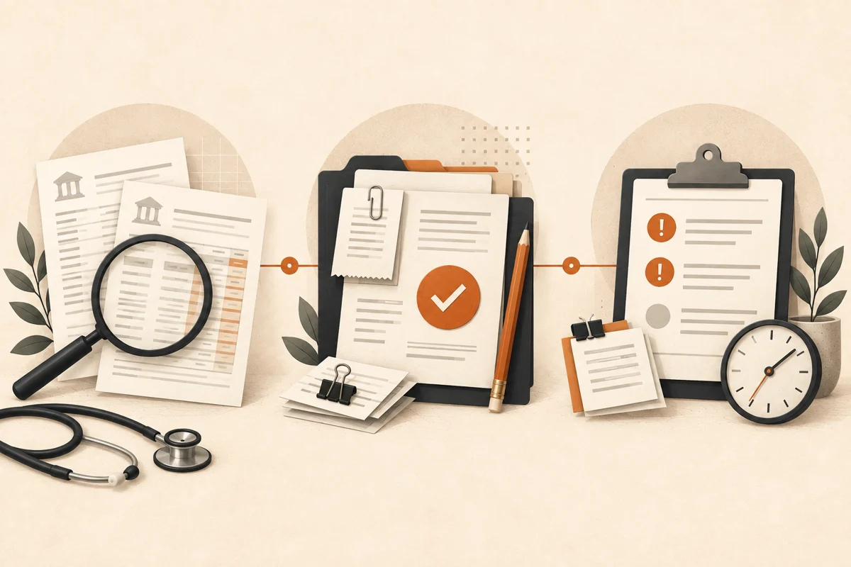 Conceptual illustration: matching bank statements, documented reconciliations and a separate open-items list with follow-up timing.
