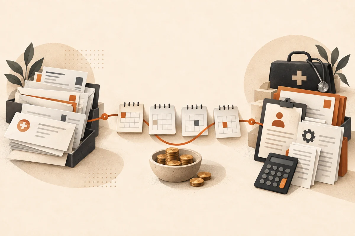 Conceptual illustration of incoming receipts and outgoing payroll and supplier payments placed along a calendar, with a separate cash reserve.